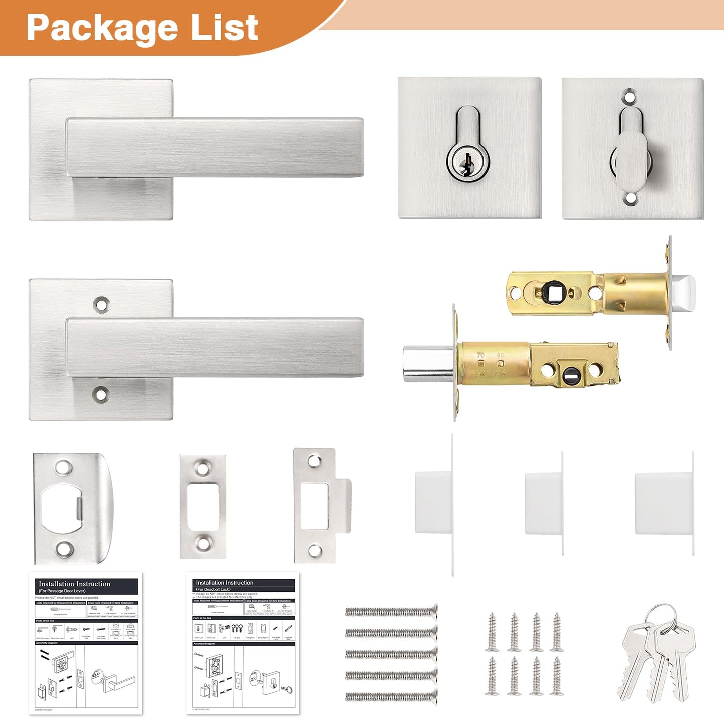 Probrico Brushed Nickel Passage Door Lever with Single Cylinder Deadbolts Combo Pack, Modern Square Lock Set Handleset,Exterior Handle and Set,Same Keys, 2 Pack