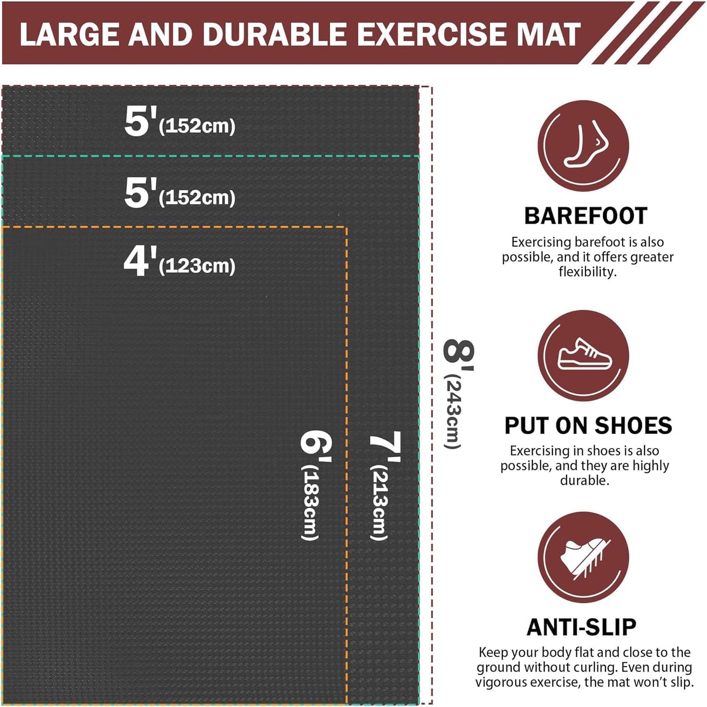 Stepwaver Extra Large Exercise Mat - Non-Slip, Ultra Durable Workout Mat for Home Gym | 6'x4', 7'x5', 8'x5'