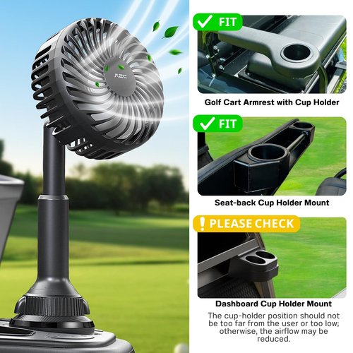 A2C Golf Cart Fan Rechargeable, Cup Holder Base Battery Operated Cooling Fan, 3 Speeds Powerful Airflow Compatible with EZGO, Club Car, Yamaha, 360° Rotatable Golf Cart Accessories