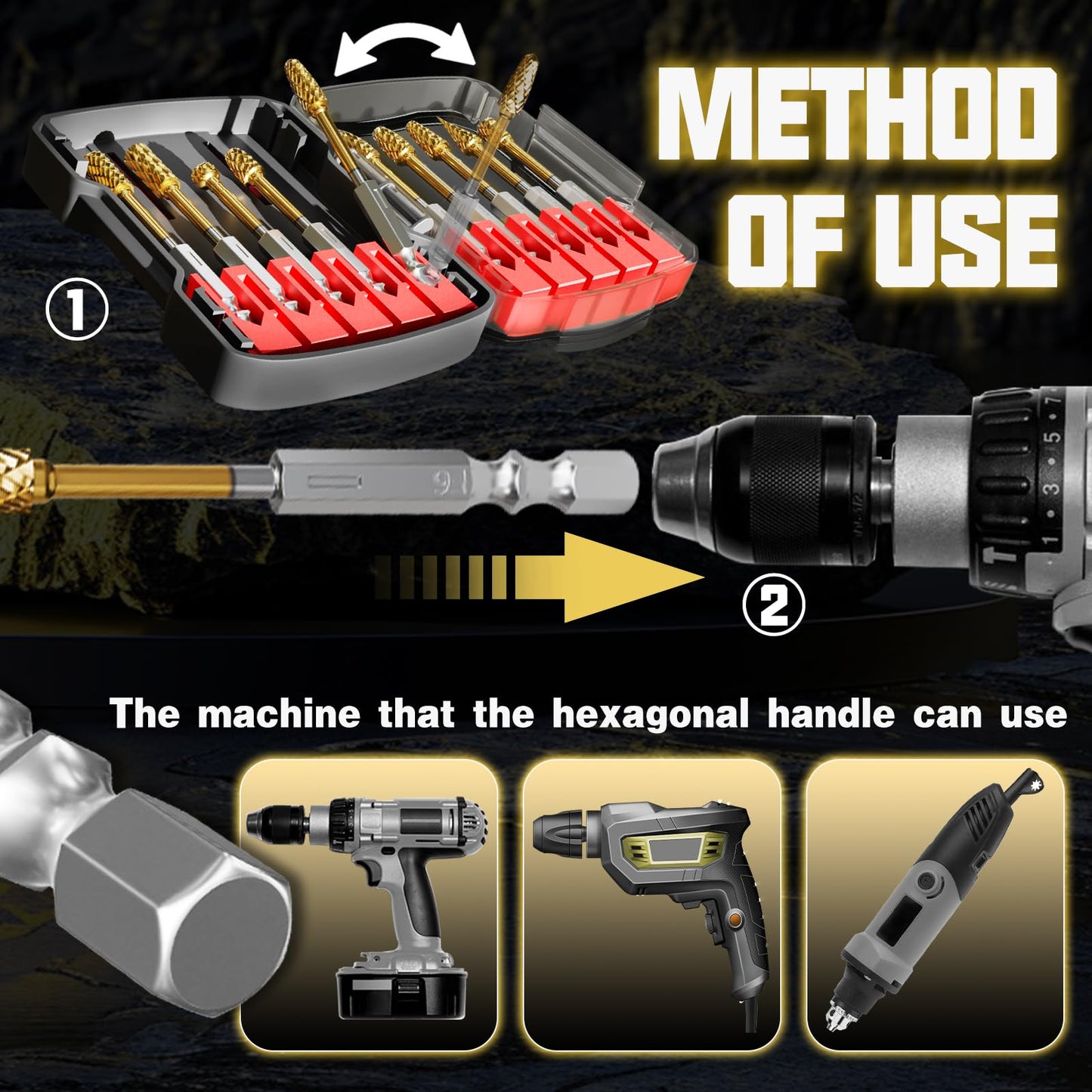 METOTY 10PCS Titanium Gold Carbide Burr Set for Die Grinder Bits, 1/4" Quick-Change Shank,Compatible with Milwaukee & DeWalt | Metal/Wood/Stone Grinding & Cutting | Premium Storage Case