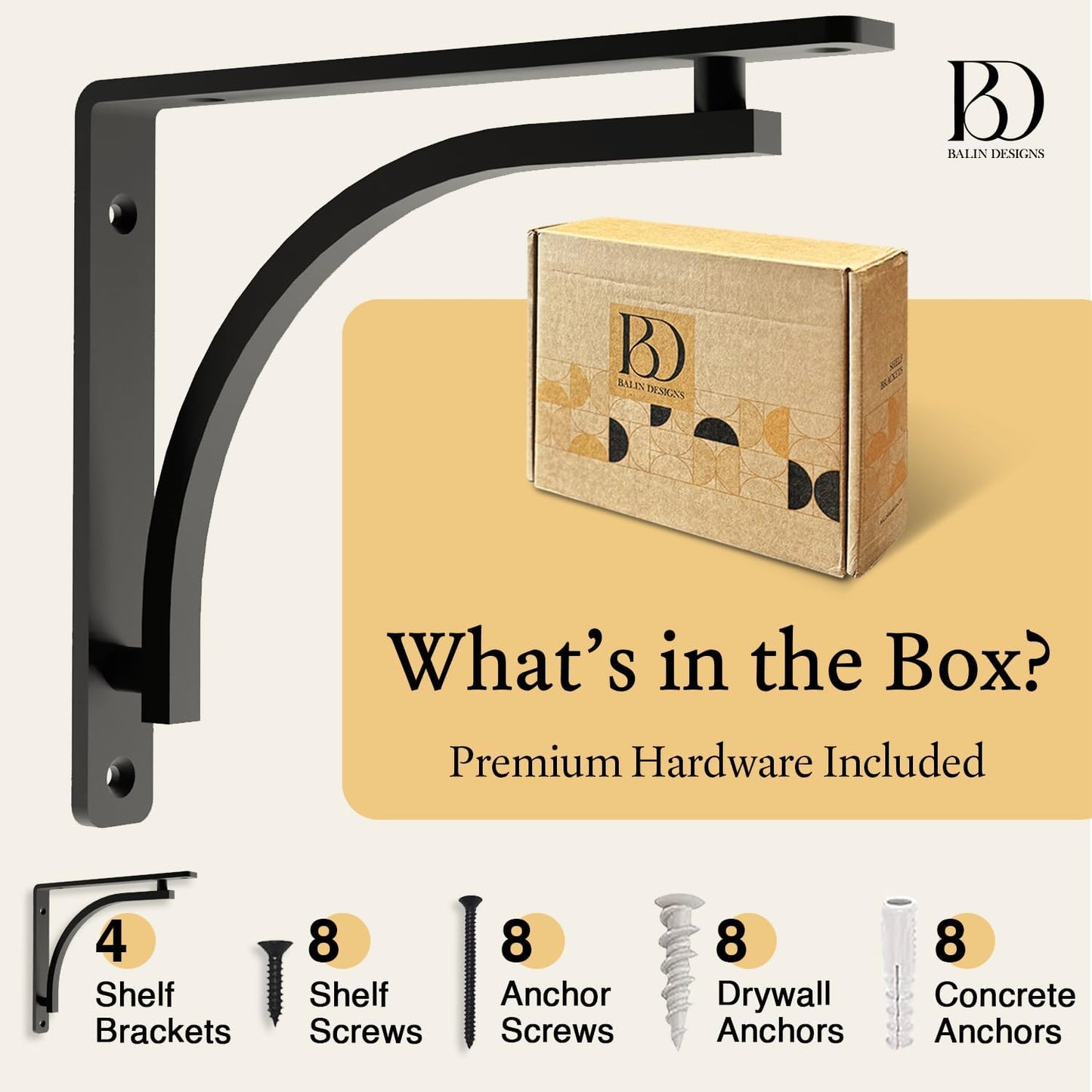 Heavy Duty 8-Inch Black Shelf Brackets - Wall Mounted L Bracket Set of 4 with Hardware