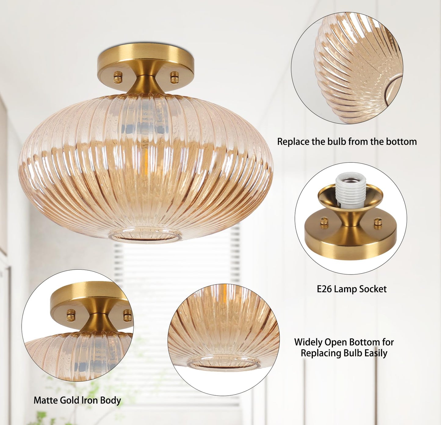 JERANDO Gold Semi Flush Mount Ceiling Lights, Vintage Globe Glass Hallway Light Fixtures, 11.8" Amber Glass Ceiling Lighting E26 Base Indoor Lamp for Closet, Hallway, Kitchen, Dining Room