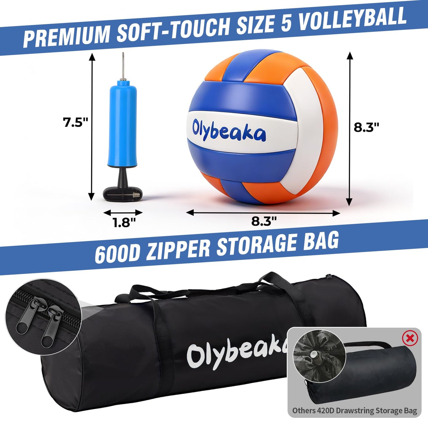 32ft / 20ft Portable Outdoor Volleyball Net Set for Grass Backyard Beach with 1.25" Height Adjustable Steel Poles, 28-ply Durable PE Net, PU Volleyball & Pump, Carry Bag (White, 32ft)