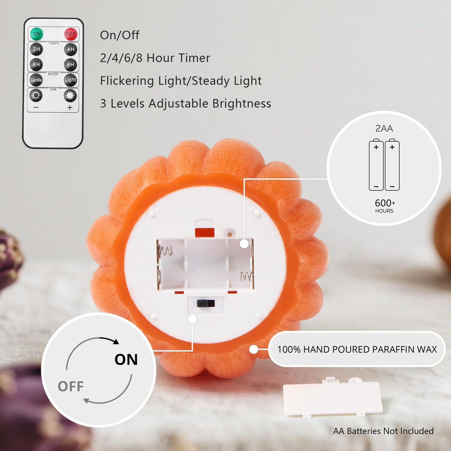 Velsyn Fall Decorations for Home, Flickering Flameless Wax Pumpkin LED Candle with Timer Remote Control, Thanksgiving Gifts, Autumn Farmhouse Rustic Harvest Decor for Tiered Tray Table Indoor (Orange)