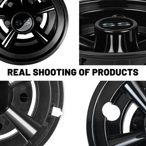 Golf Cart SS Wheel Covers Hub Caps for EZGO, Club Car, Yamaha - 8 Inch Snap-on Installation, Black, Set of 4