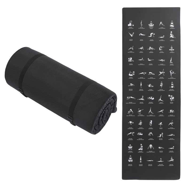 MABOZOO 1 Inch Instructional Yoga Mat with Poses, PU Leather Exercise Mat with 60 Illustrated Yoga Poses, Workout Cushion with Carrying Handles for Pilates, Stretching(68 * 24 Inch, Black)