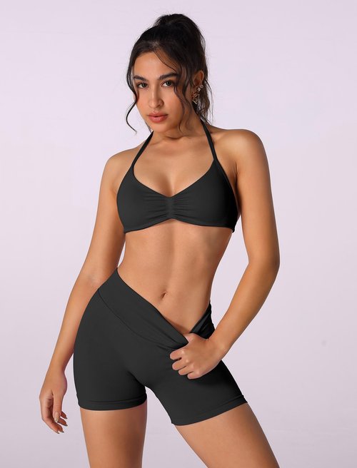 ABOCIW Black Workout Sets Women 2 Piece Seamless Strappy Halter Sports Bra Scrunch Butt Lifting Shorts Active Wear Yoga Outfits #1 Black Small