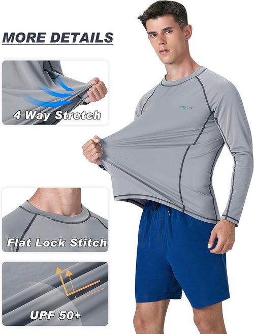 KPSUN Men's Swim Shirt - UPF 50+ Long Sleeve Rash Guard for UV Protection | Quick Dry Beach T-Shirt