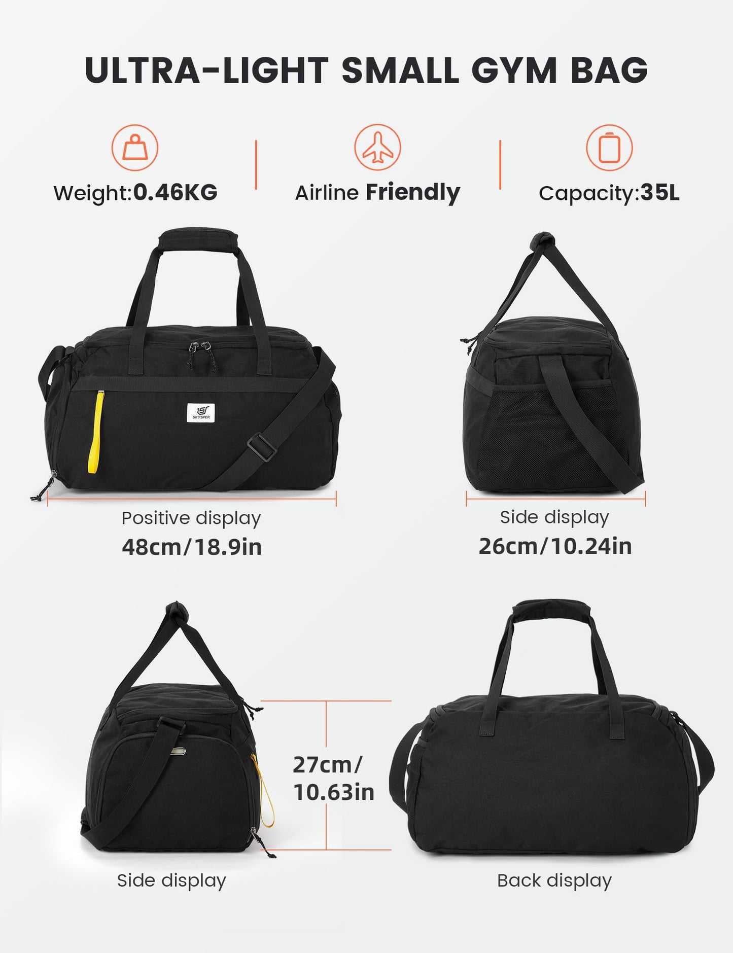 SKYSPER Gym Bag for Men & Women with Shoe Compartment, Carry-on Gym Duffle Bag for Travel and Sports, Workout Overnight Bag with Large Wet Pocket, Black