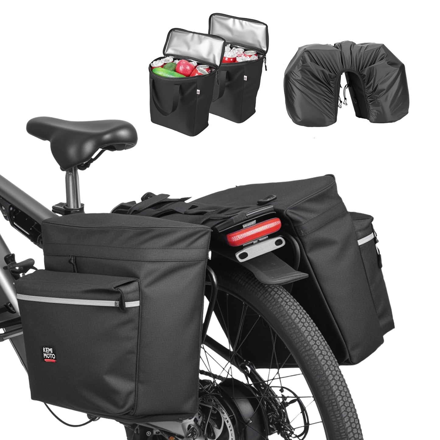 KEMIMOTO Bike Panniers 3-IN-1, 34L Bike Bag with Two 9L Insulated Cooler Pack, Bicycle Saddle Bag Includes Waterproof Rain Cover, Cycling Accessories for Camping Shopping Road Cycling Travel, Black