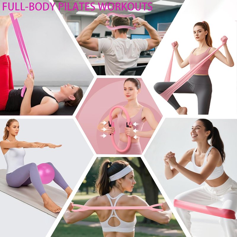 17 Pcs Pilates Equipment,Pilates Set,Women at Home Pilates kit,Pink Pilates Ring and Ball Set Pilates Socks, Jump Rope,5 Resistance Bands Compact Toning and Fitness Essentials Starter Set Accessories