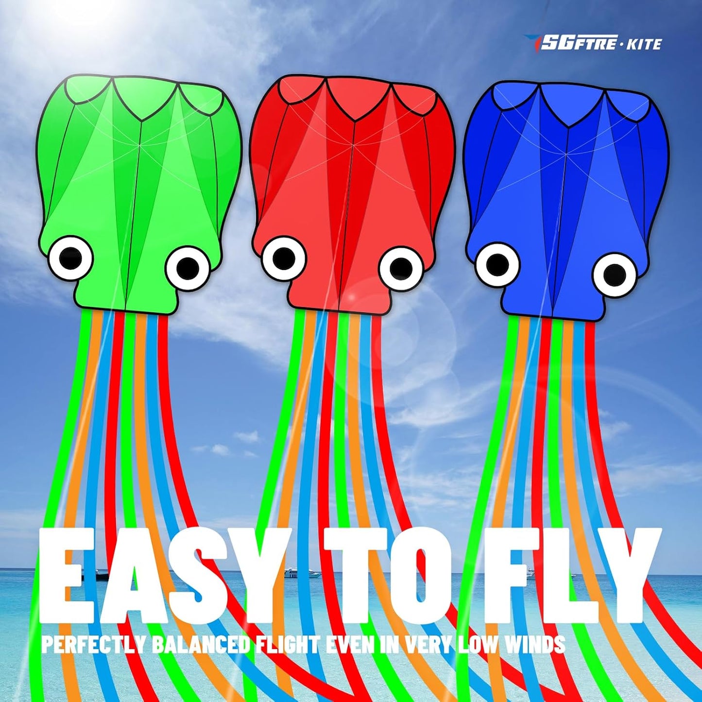 SGftre Octopus Kites - Easy to Fly 3-Piece Set for Kids & Adults | Colorful Red, Blue & Green