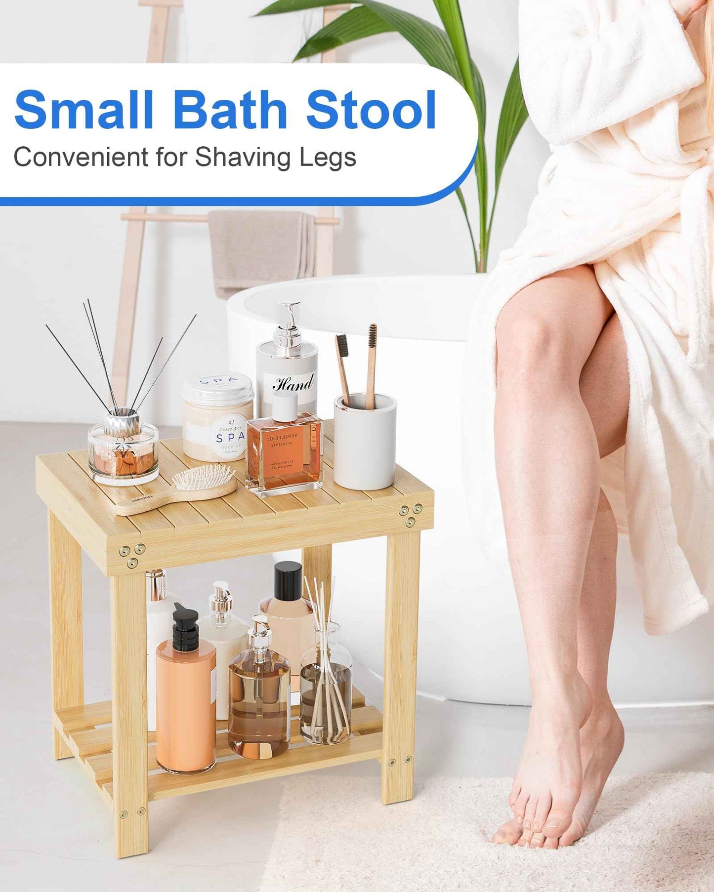Bamneat Small Bamboo Bathroom Shower Bench with Storage Shelf, Durable Shower Stool for Shaving Legs, Indoor and Outdoor Use, Natural