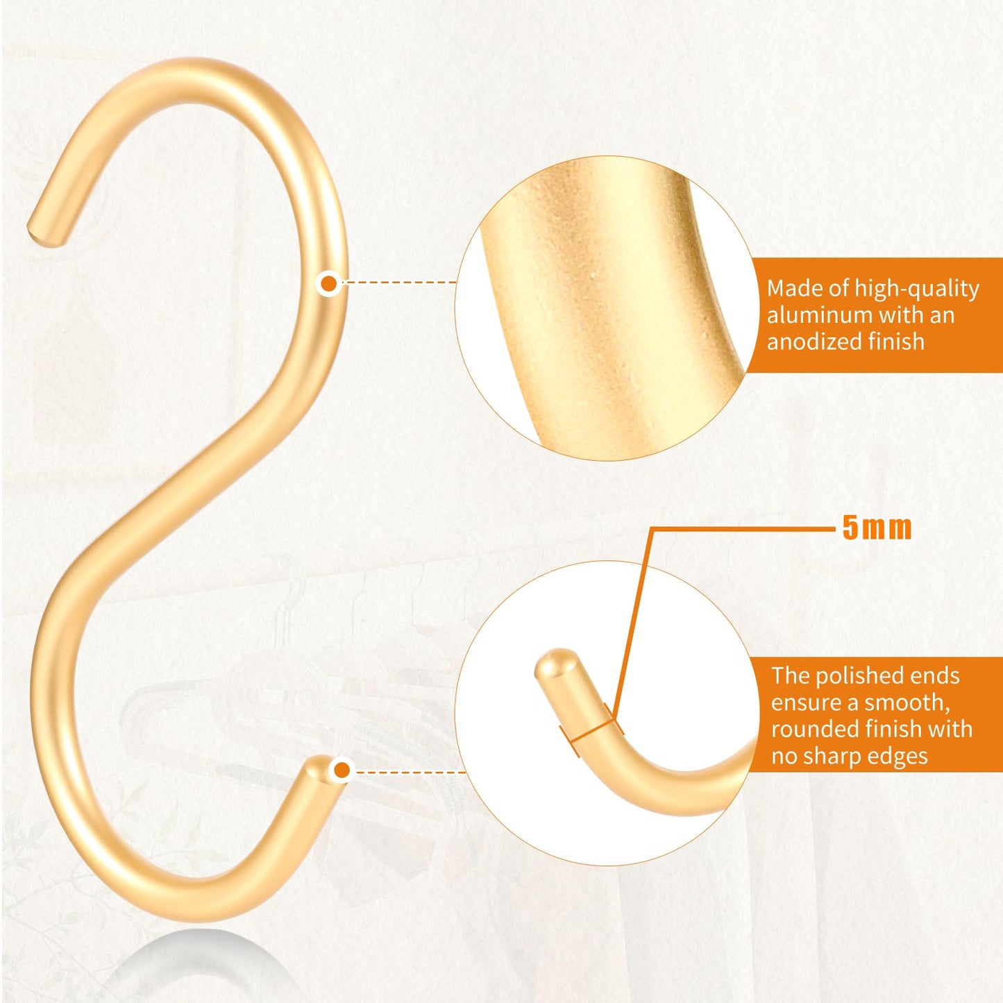 SIAMESE Aluminum S Hooks, 10 Pcs Medium Gold S Shaped Hooks for Hanging Plant, Jeans, Cups in Closet, Kitchen, Living Room, Bathroom or Outdoors (Medium, Gold)