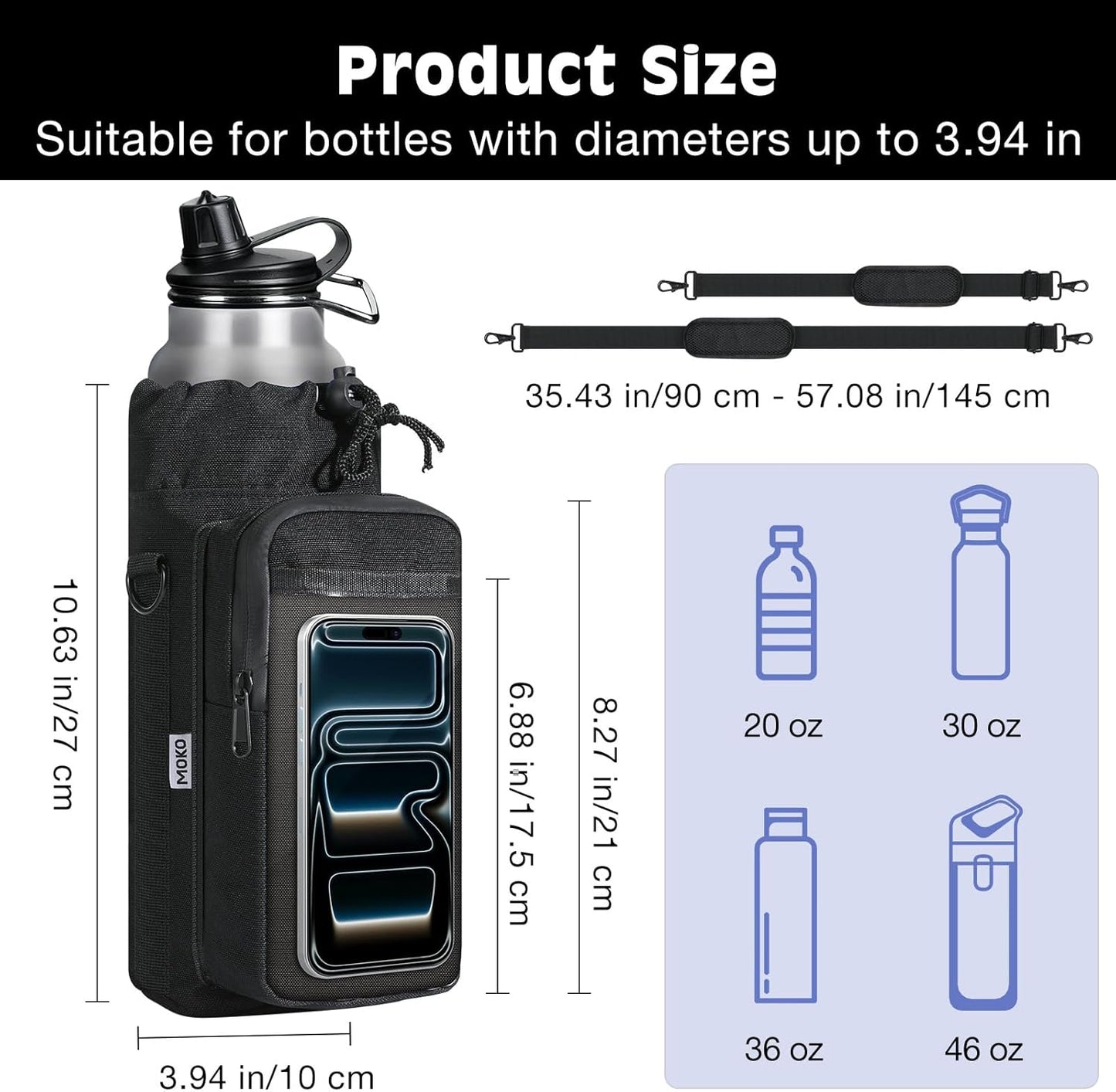 MoKo Magnetic Gym Bag - Water Bottle Holder with Clear Phone Pouch | 4 Built-in Magnets, Black
