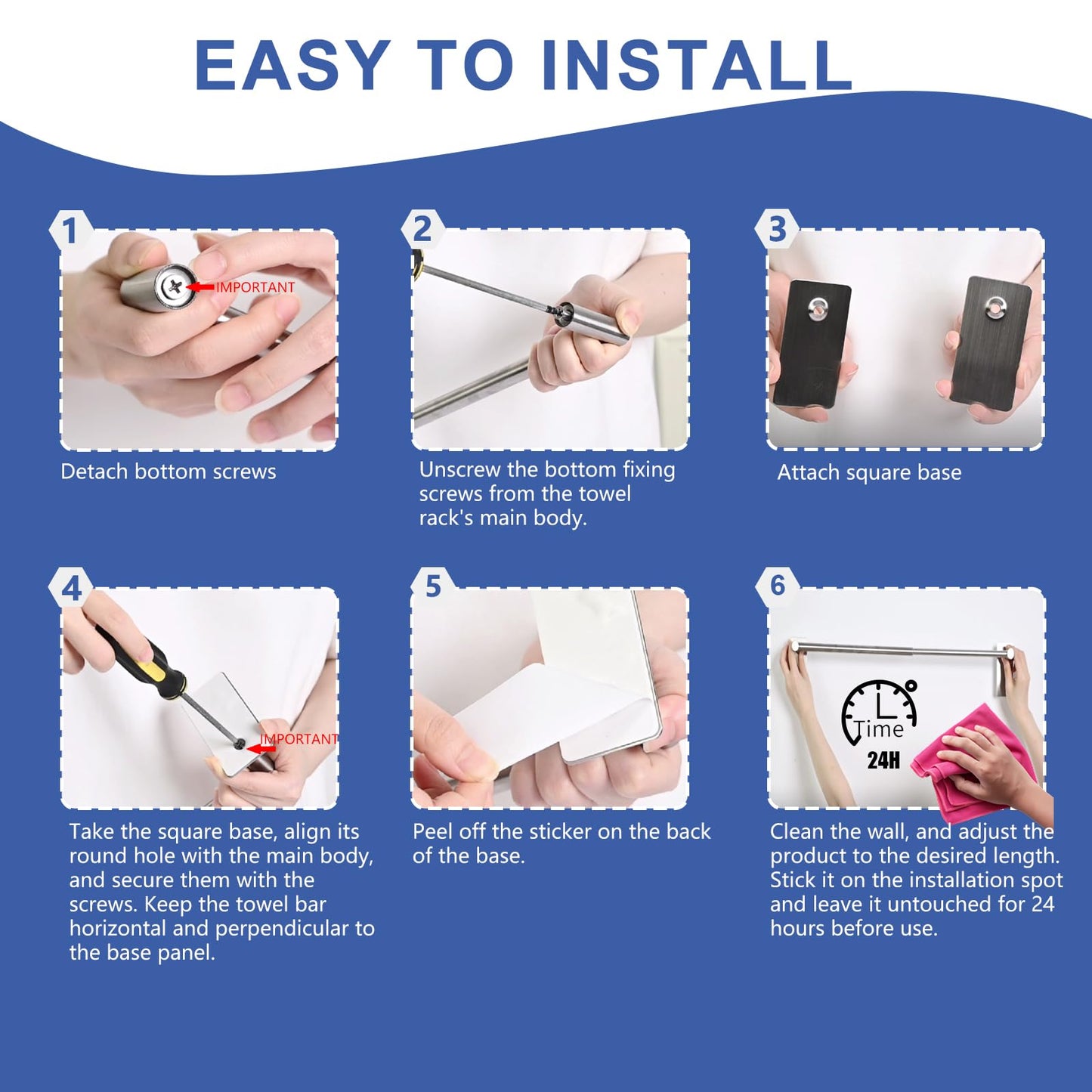 Adhesive Adjustable Towel Bar, HOMOTEK Economical Self Stick Bathroom Towel Holders, Towel Rod Size from 12 Inch to 22 Inch Single Rack Hanger for Kitchen(1 Pack Brushed Stainless Steel)