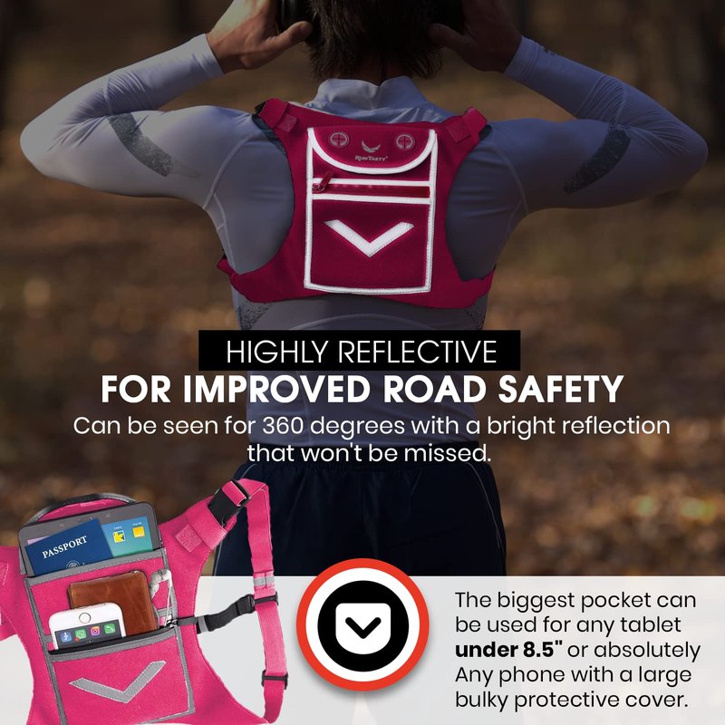 Pink Running Mini Backpack Vest for Men & Women – Reflective with 360° Hi-Viz, Holds Accessories, iPhone, Android, iPad Mini – Lightweight, Adjustable Gear for Fitness, Walking, Cycling, Hiking