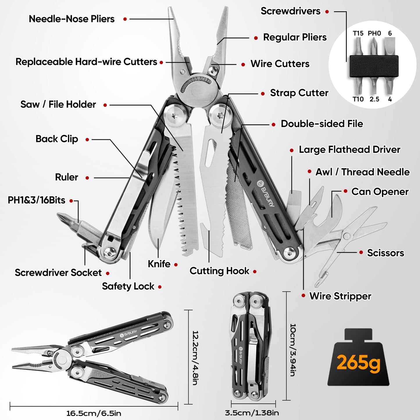 BIBURY Multitools BI2038C, 22-in-1 Stainless Steel Pocket Knife with Scissors, Foldable Self-locking EDC Multi tools Pliers with Sheath for Outdoor Hunting Survival Camping Simple Repair
