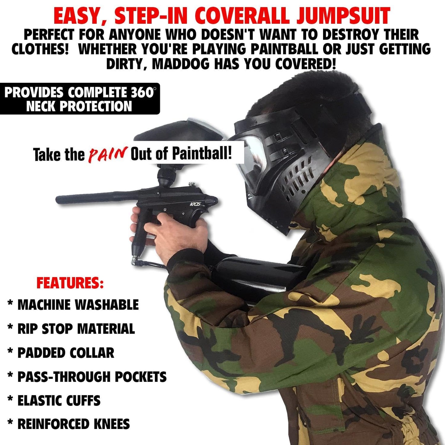 Maddog Durable Ripstop Step-In Coveralls | Full Body Paintball, Airsoft, Mechanic, Outdoor Work Protective Wear Jumpsuit - Camoflauge - 2X-Large