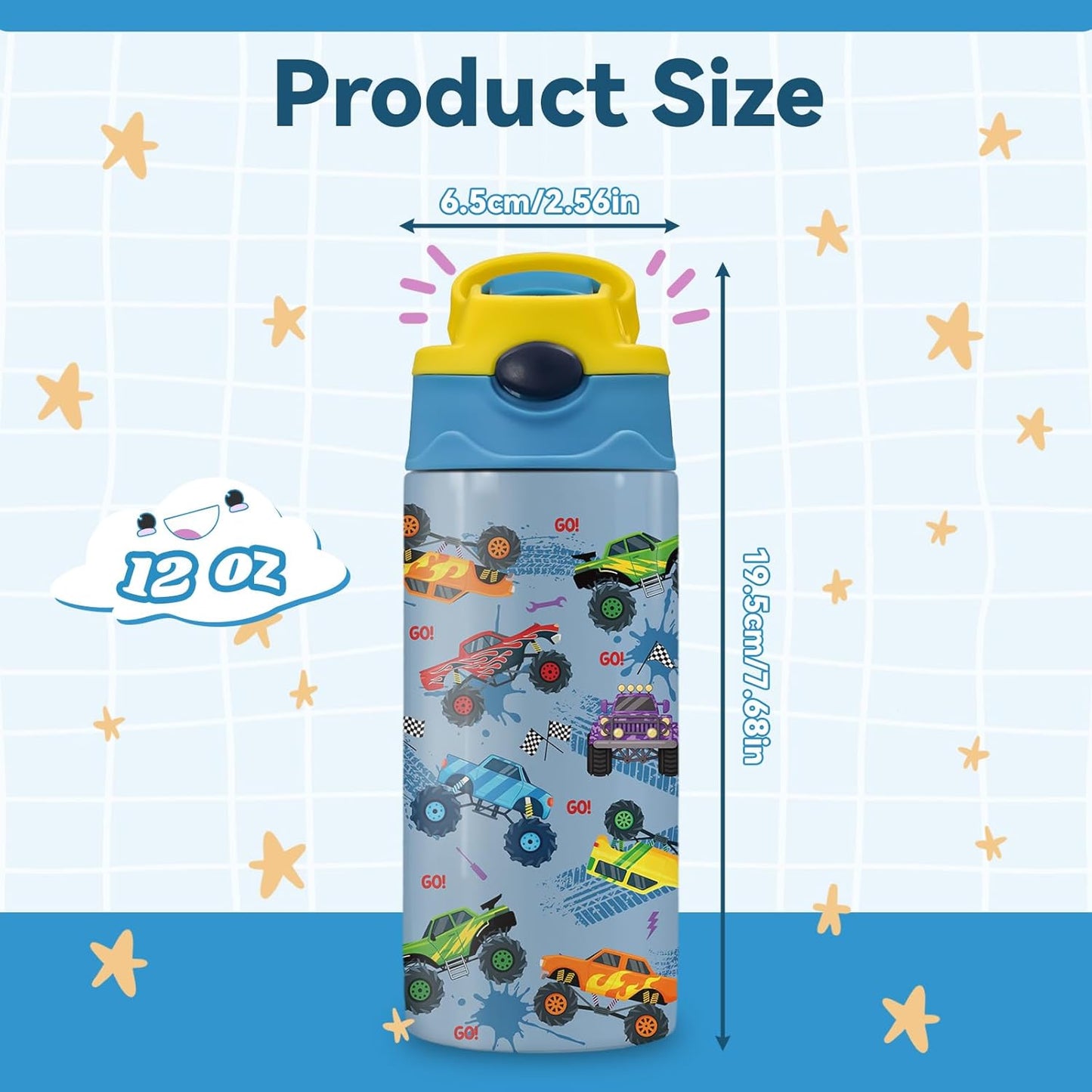 Monster Truck | 12 oz Kids Water Bottle - Insulated, BPA-Free, Leak-Proof with Straw & Handle