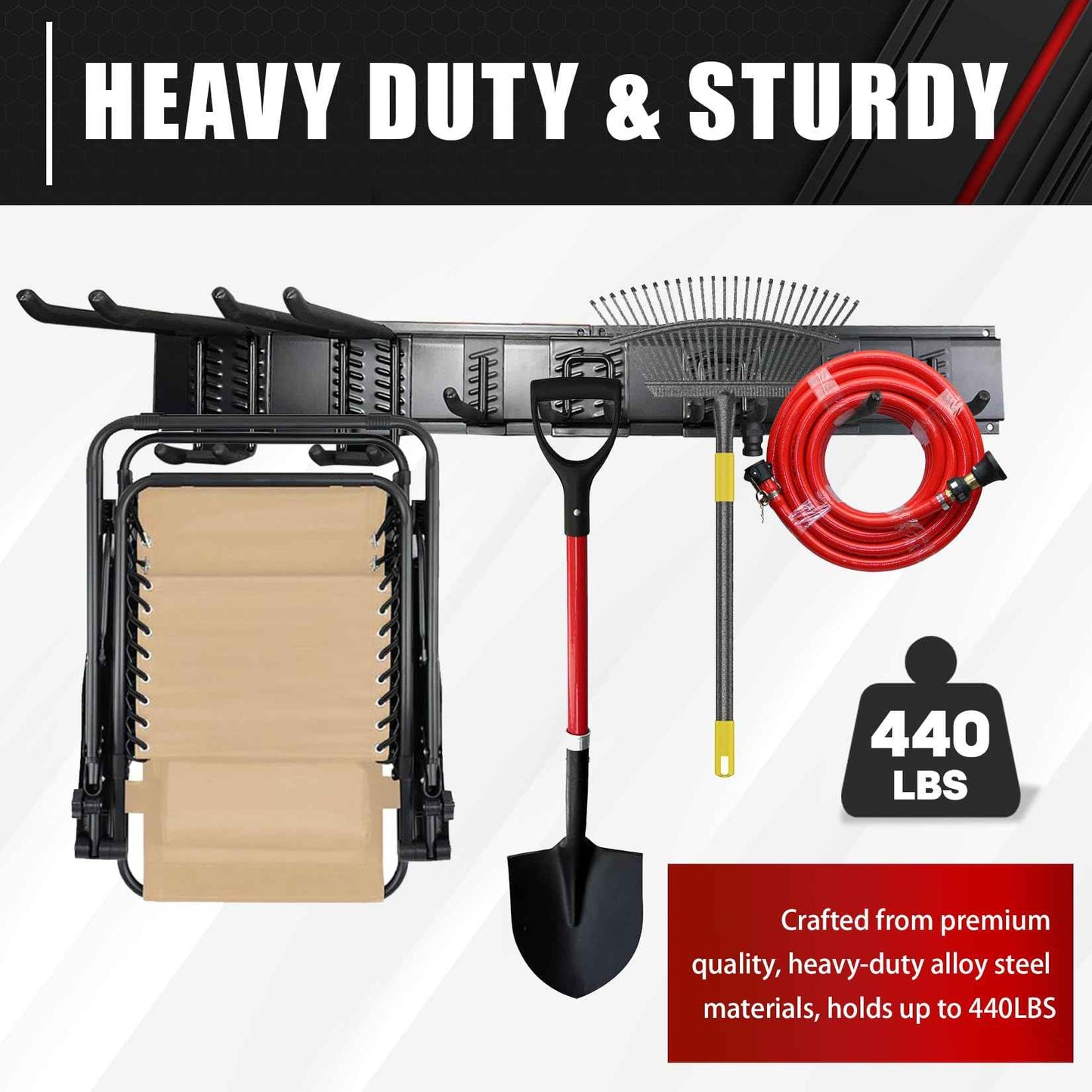 48In Garage Storage, Garage Tool Organization Wall Mount, Tool Organizer, Wall Mount Tool Storage Rack, Garage Garden Tool Organizer with 3 Rails and 7 Hooks, Hold Up to 440lbs, Include Torpedo level