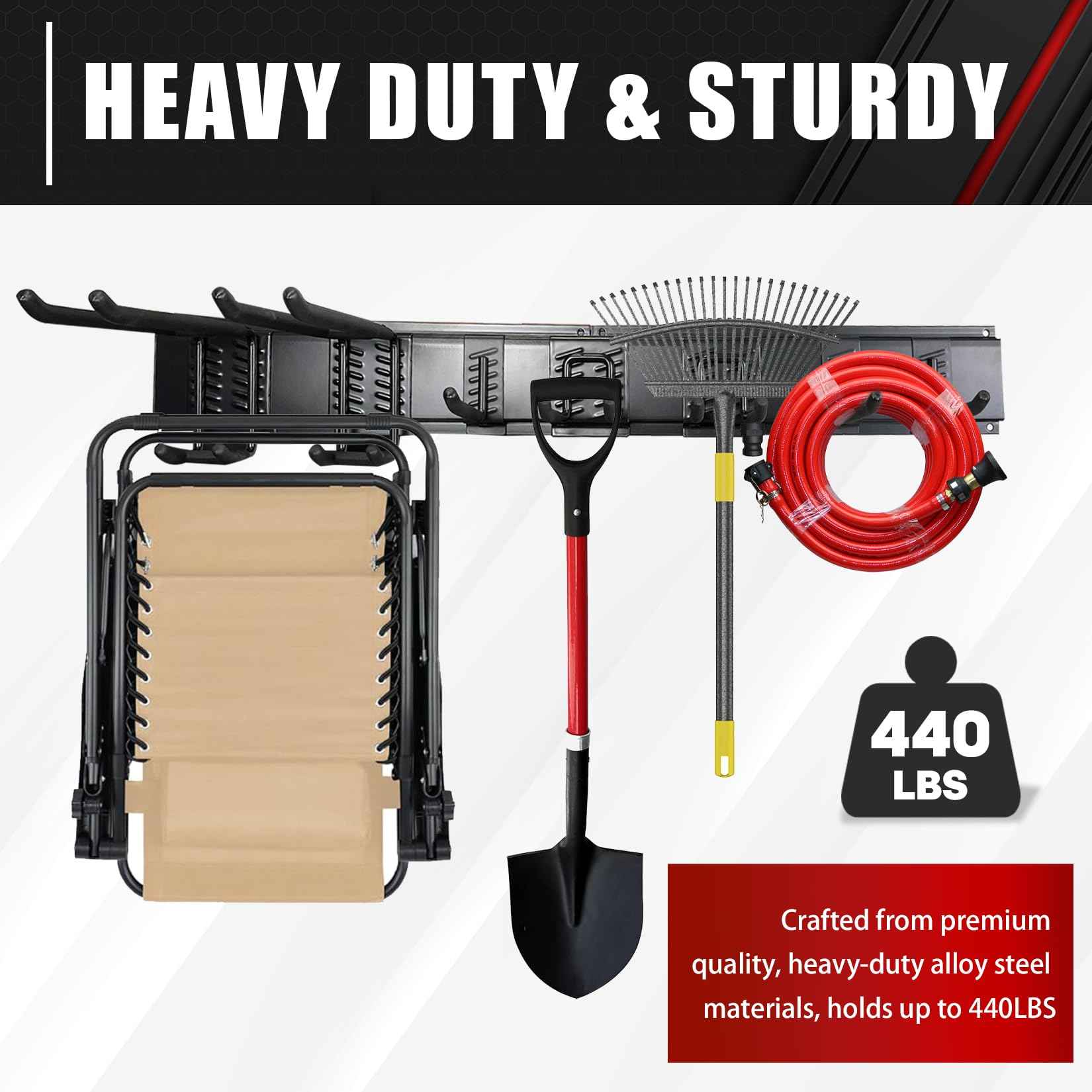 48In Garage Storage, Garage Tool Organization Wall Mount, Tool Organizer, Wall Mount Tool Storage Rack, Garage Garden Tool Organizer with 3 Rails and 7 Hooks, Hold Up to 440lbs, Include Torpedo level