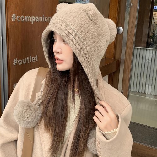 HUAMULAN Women Winter Sherpa Beanie Hats Knit Ear Flaps Peruvian Cover Ears Fleece Lined Ski Snow Hat Pompoms