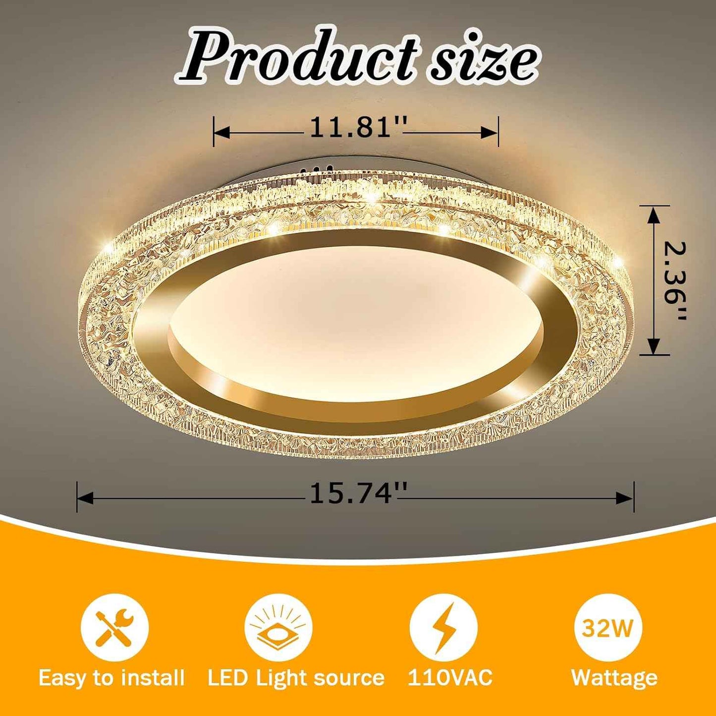 28W Gold LED Flush Mount Ceiling Light - 12" Modern Round Fixture for Bedroom, Kitchen, Bathroom