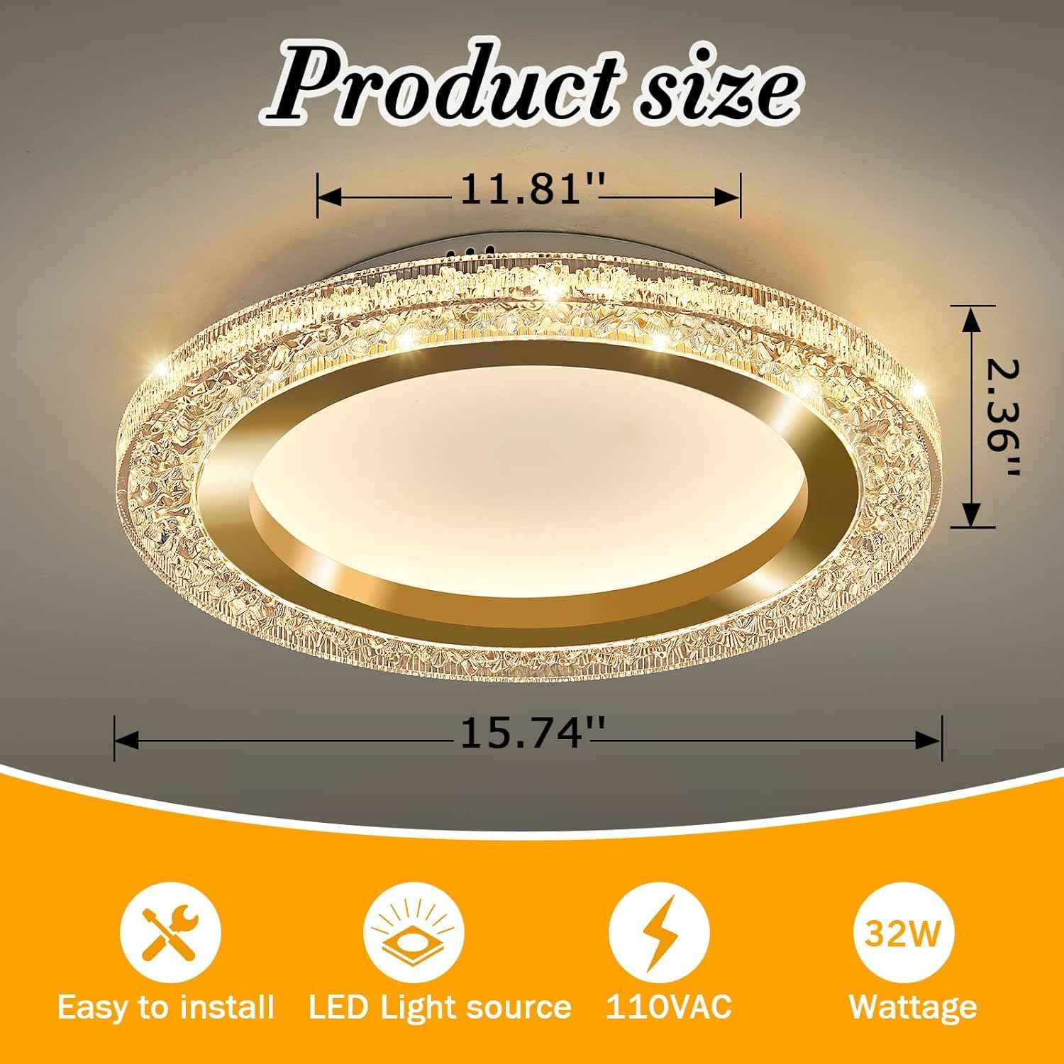 28W Gold LED Flush Mount Ceiling Light - 12" Modern Round Fixture for Bedroom, Kitchen, Bathroom