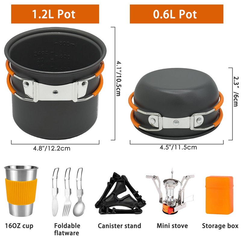 JUSFANE 10Pcs Camping Cookware Mess Kit - 1.2L & 0.6L Camping Pots with Stove, Forks Knives Spoons, Sierra Cup, Canister Stand and 16Oz Stainless Steel Cup for Backpacking, Hiking, Outdoor Cooking