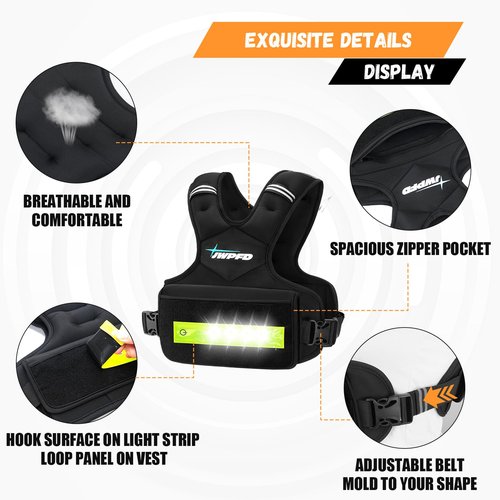 Adjustable Weighted Vest for Women Men, 6-15 Lbs/12-18 Lbs Rucking Vest with LED Light Strips, Weight Vest with 6 Ironsand Weights, and Zipper Pocket for Strength Training, Walking, Running Black