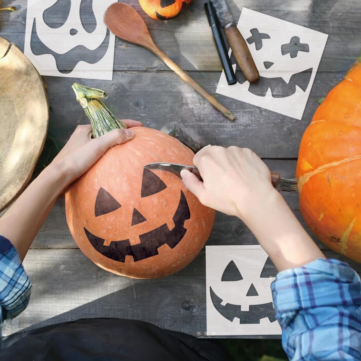 Pumpkin Stencils for Painting Reusable Halloween Pumpkins Ghost Face Paint Templates on Wood Glass Crafts Cookie Baking Door Hanger Sign Decorating (face25)