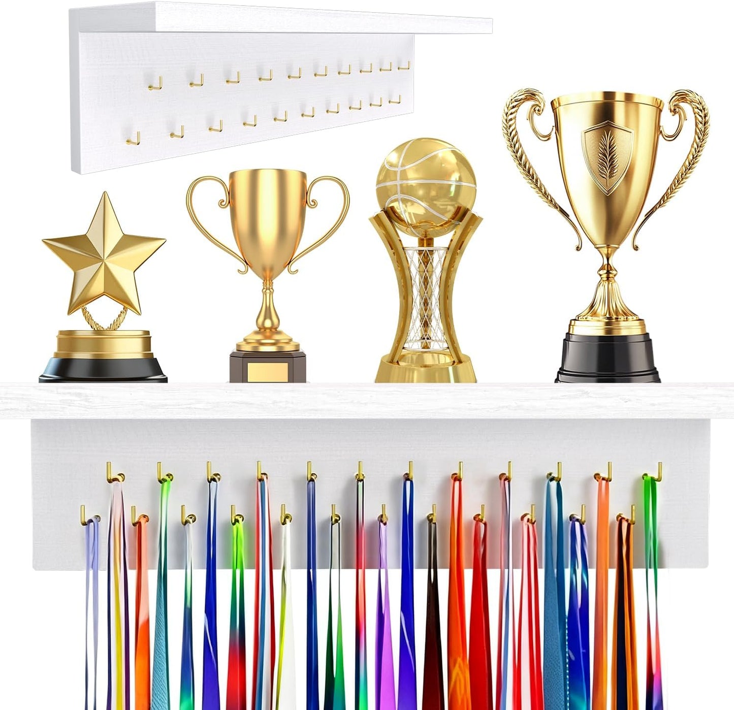 Wooden Medal Hanger Display - Sturdy Trophy Shelf with 19 Hooks for Gymnastics, Soccer, Running Awards