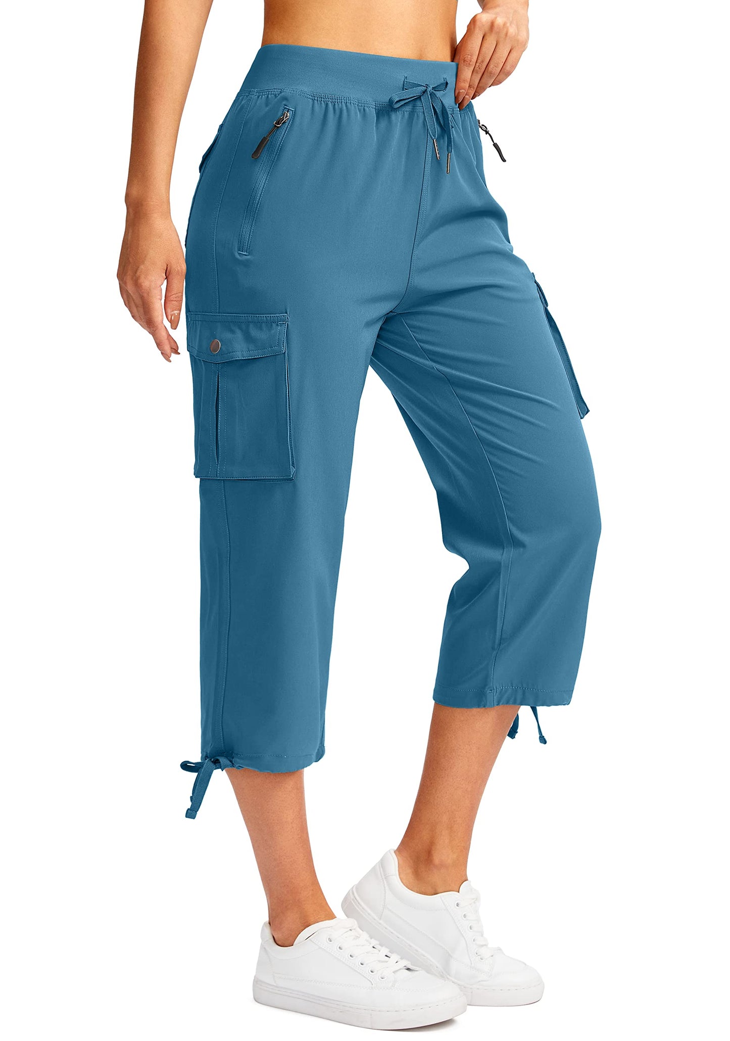 Soothfeel Women's Cargo Capris Pants with 6 Pockets Lightweight Quick Dry Travel Hiking Summer Pants for Women Casual (Blue, L)