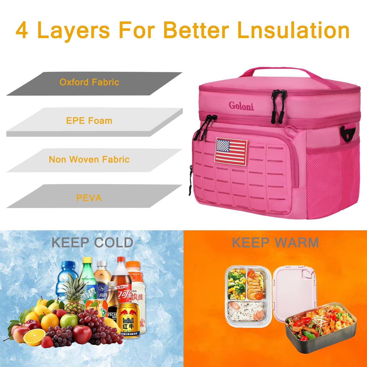 Goloni Soft Sided Insulated Cooler Bag | Leakproof Portable Lunch Box for Men Woven, Camping Beach Picnic Pink