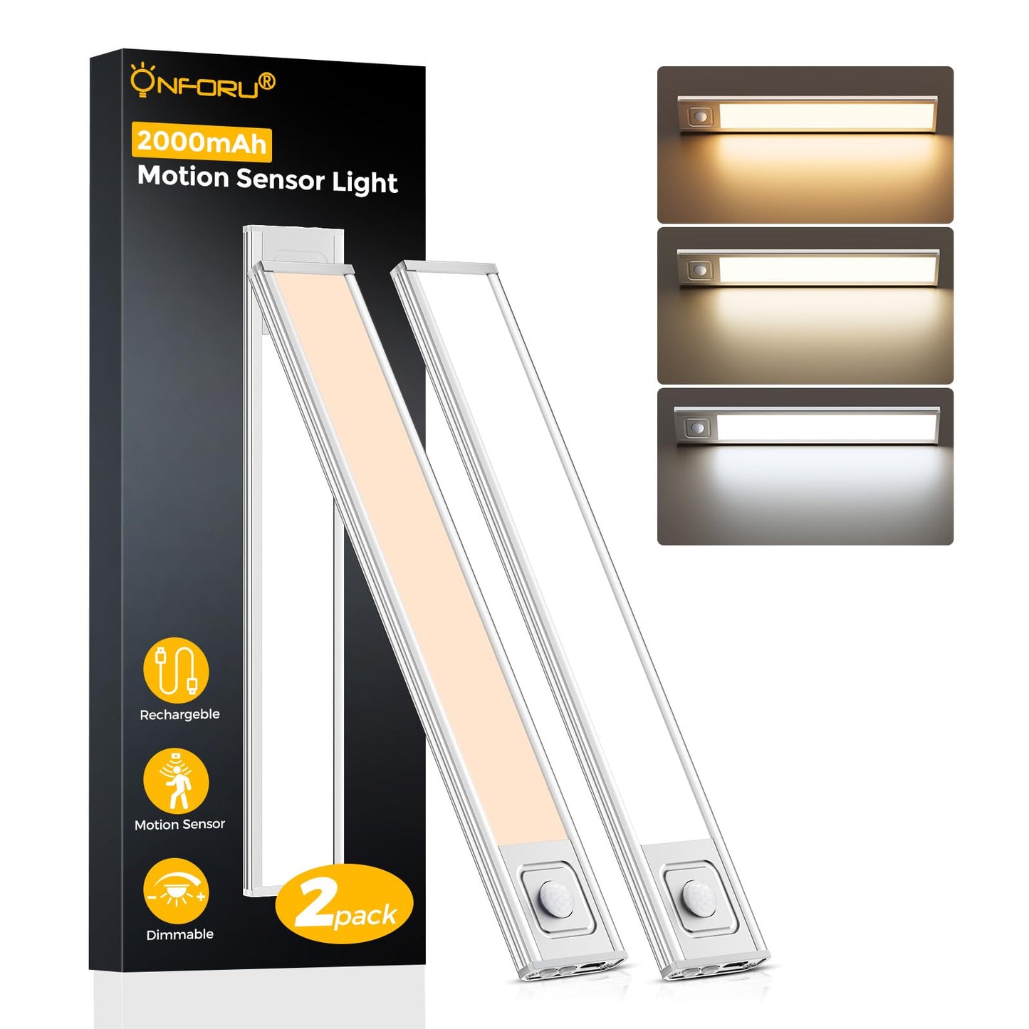 Onforu 9.8" Under Cabinet Lighting, 2000mAh USB-C Rechargeable, Motion Sensor Under Cabinet Lights with 3 Color & Dimmable, Magnetic Under Counter Lights for Kitchen, Closet, 2 Pack