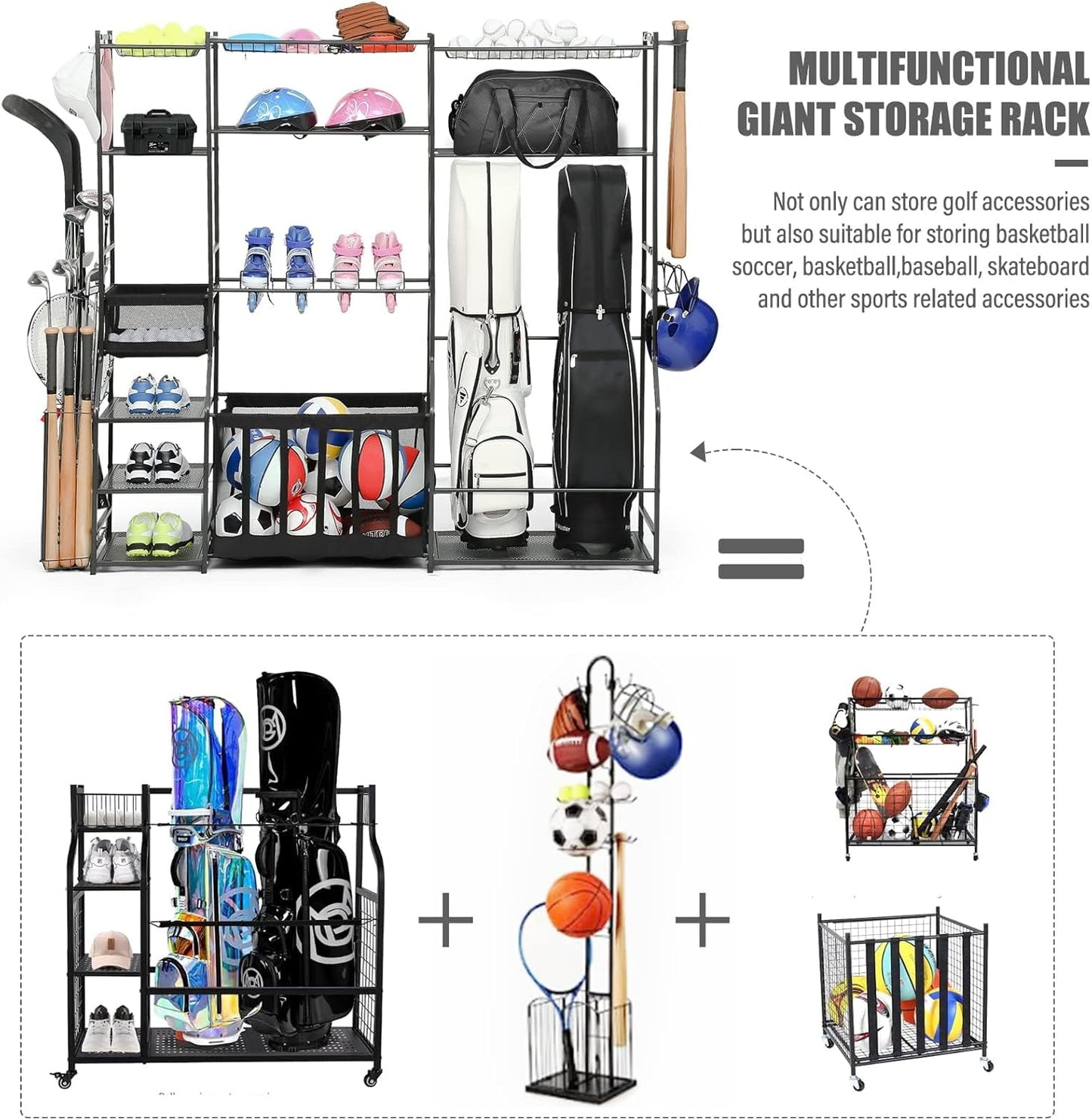 Skiennix Large Garage Sports Equipment Organizer - Upgraded Rack for Golf Bags & Balls | Indoor/Outdoor Storage Solution