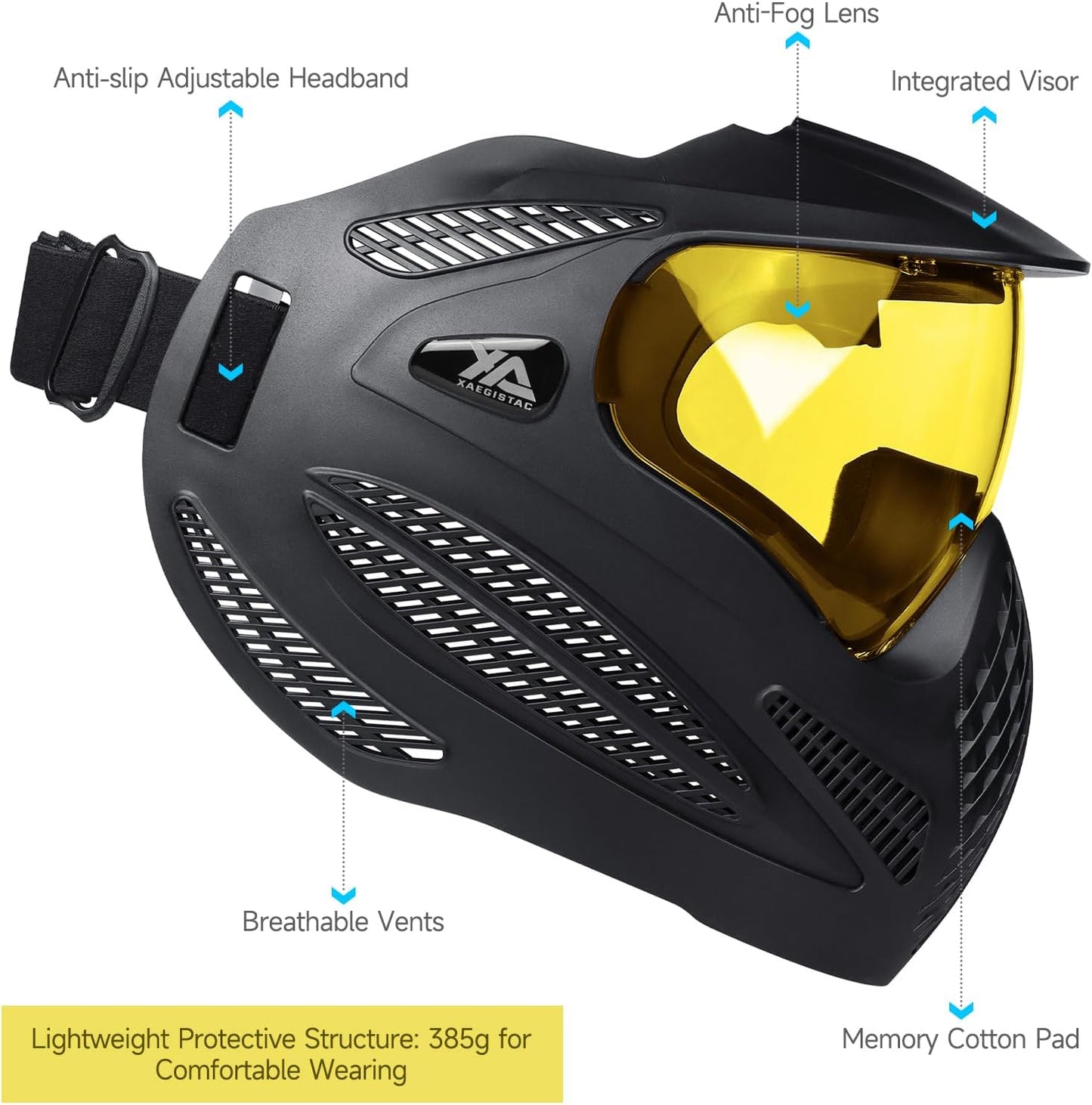 Xaegistac Paintball Mask - Integrated Sun Visor, Wide Field of View, Anti-Fog, Adjustable Headband