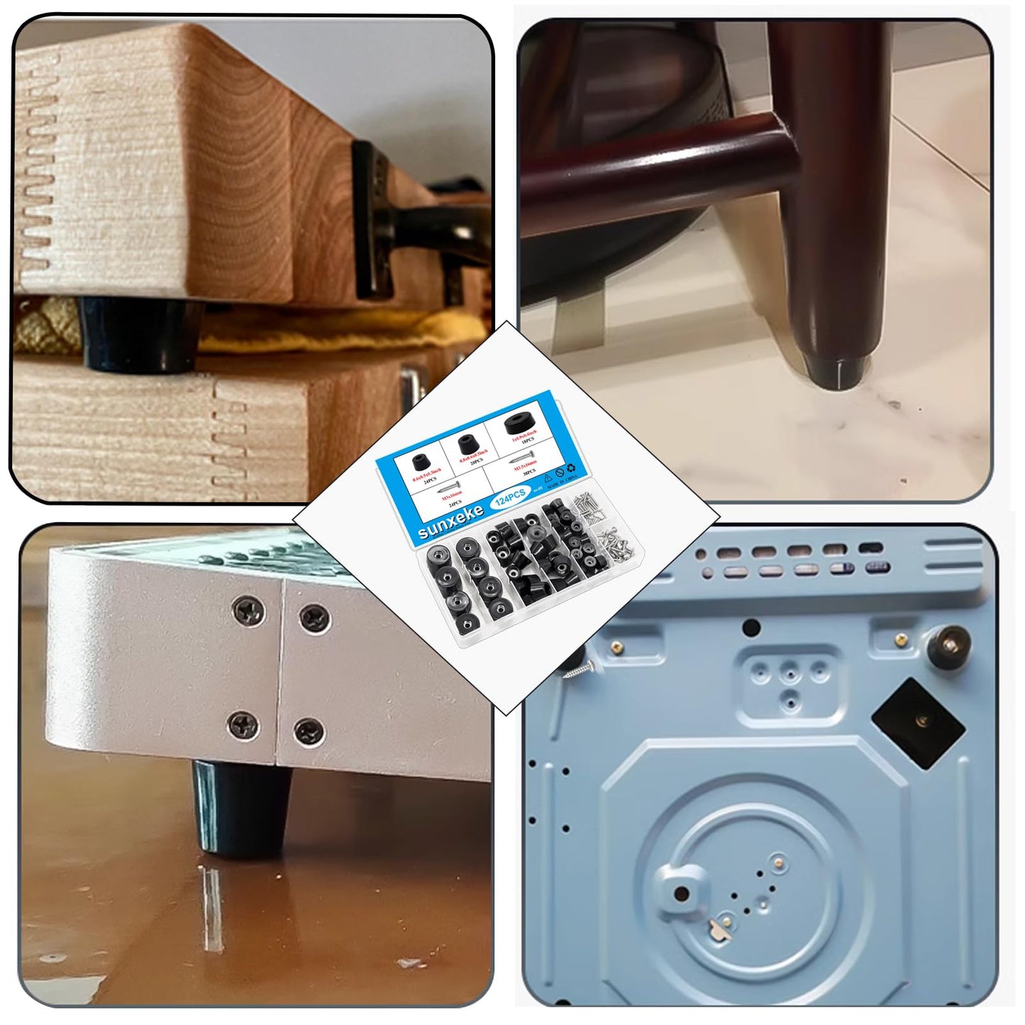 Sunxeke 124Pcs Rubber Feet for Cutting Board with Stainless Washer Screws Assortment Kit,3 Sizes (0.6inch, 0.8inch, 1inch),Non Slip Rubber Bumper Feet for Furniture, Cabinets, Electronics