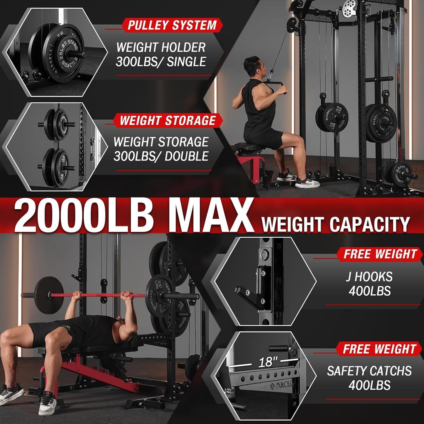 Mikolo Power Cage - 2000LB Power Rack with Dual Pulley System | Multi-Function Home Gym Equipment