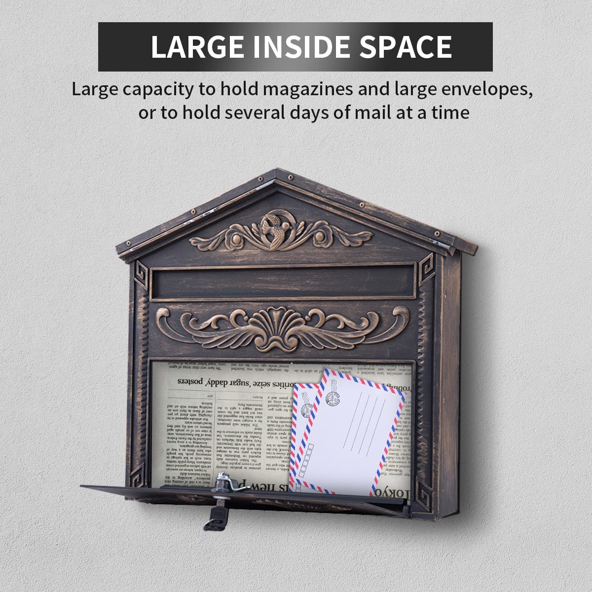 Yoocabinet Mailbox Wall Mount,Large Capacity Locking Mailbox for Outside, Rust-Proof Aluminum Hanging Secured Postbox, Security Key Drop Box,15.35 "x 16.14 "x3.54 Retro Bird