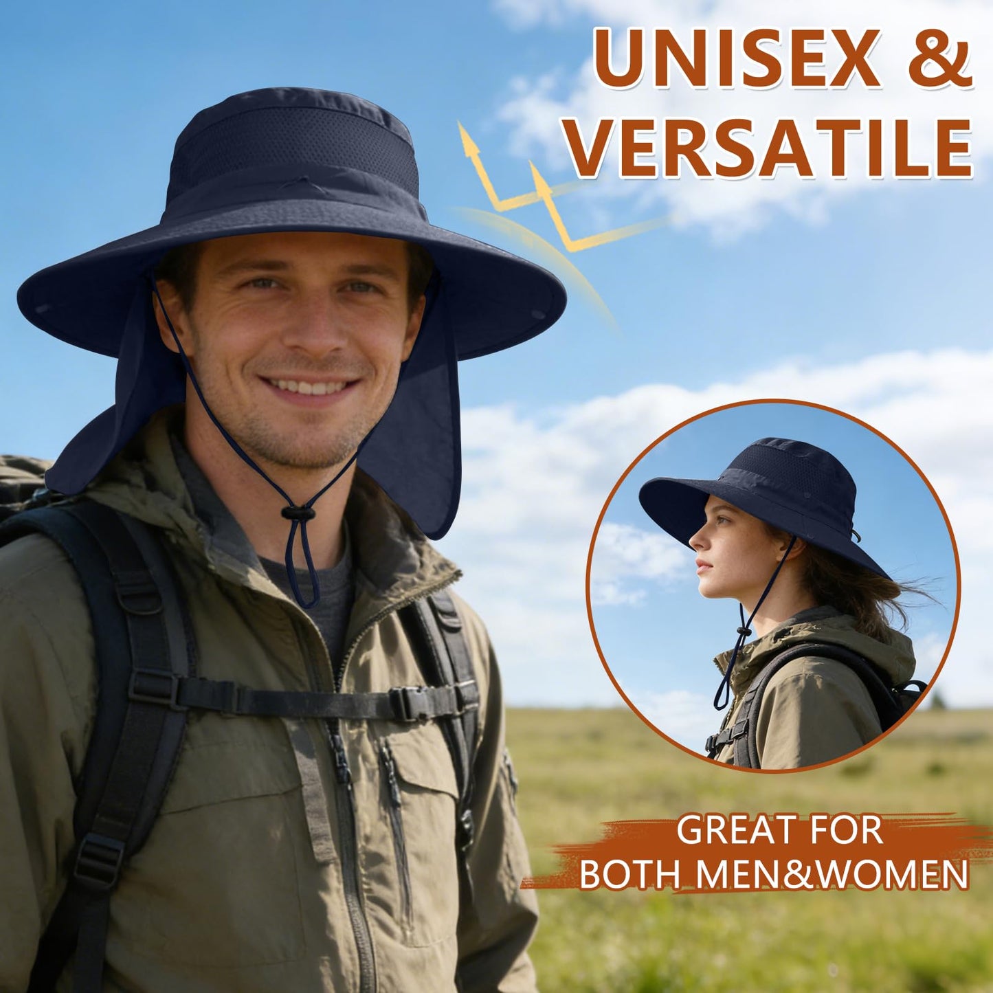 ZOORON Sun Hats for Men Women Fishing Hat with Neck Flap,UPF 50+ Sun Hat Waterproof Wide Brim Bucket Hats for Safari Hiking