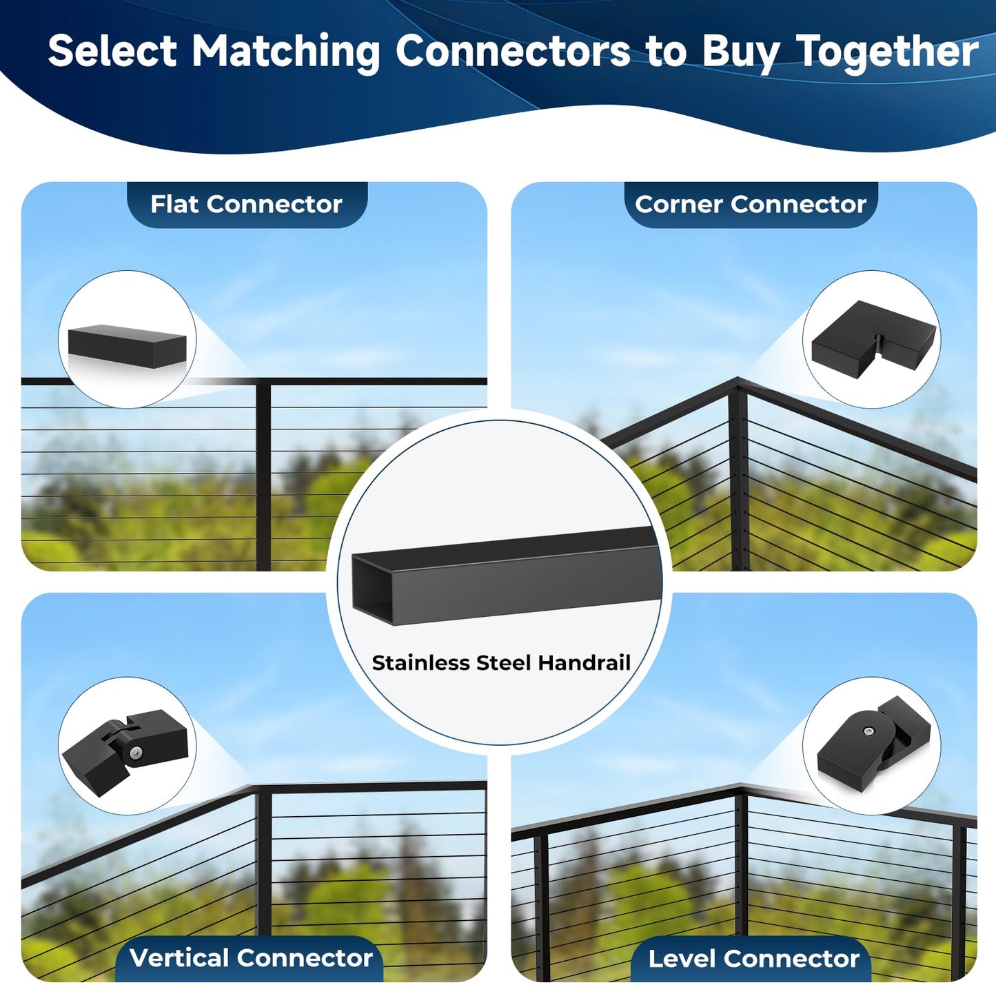 Gyykzz 6'6" Stainless Steel T304 Handrail Black with Metal End Caps, 1 Pack Rectangular Cable Railing Handrail Flat Deck Top Rail for Indoor Outdoor Deck Stair Cable Railing System