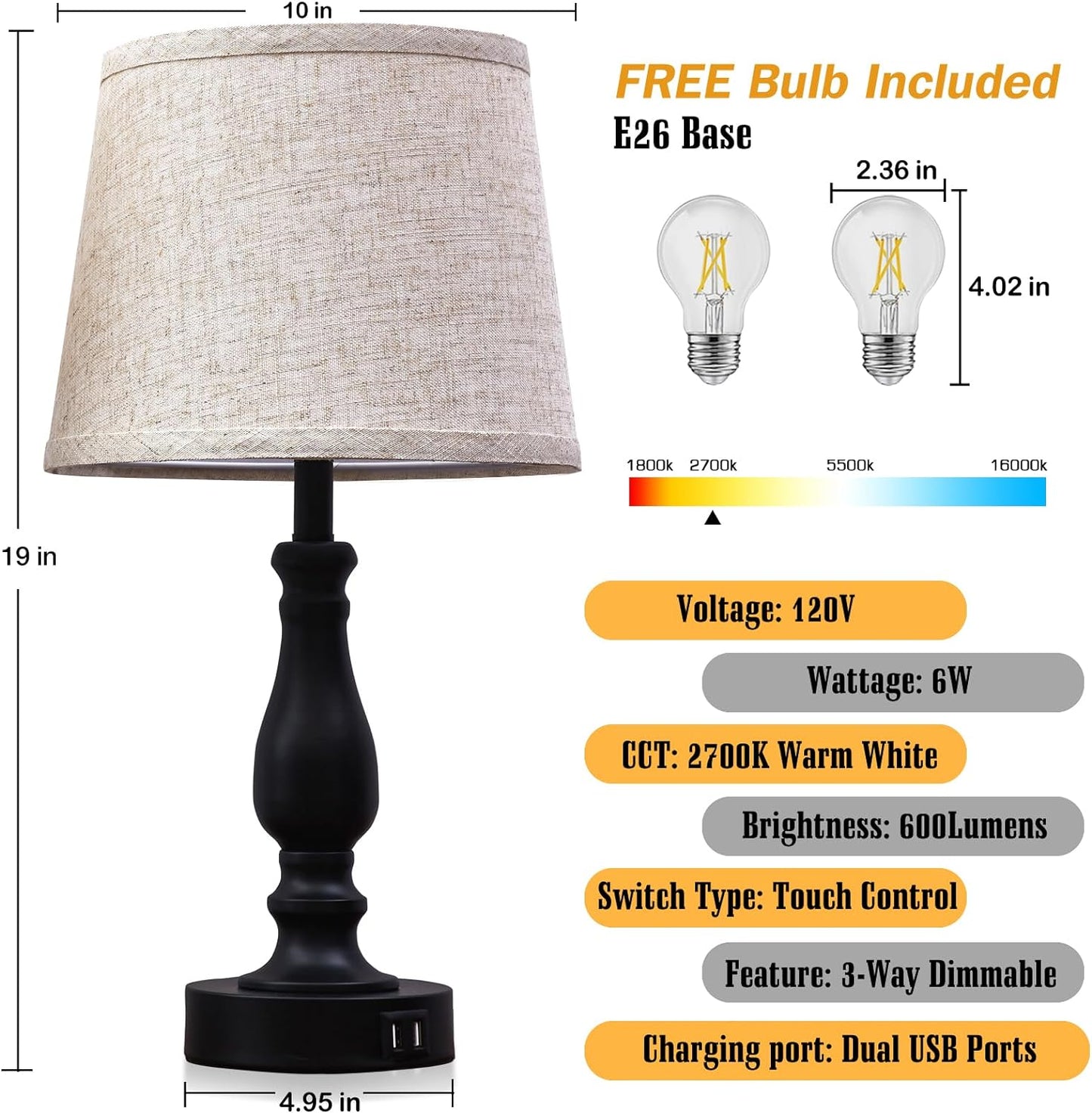 Touch Bedside Table Lamps Set of 2 with USB C+A Ports - 3-Way Dimmable Linen Shade