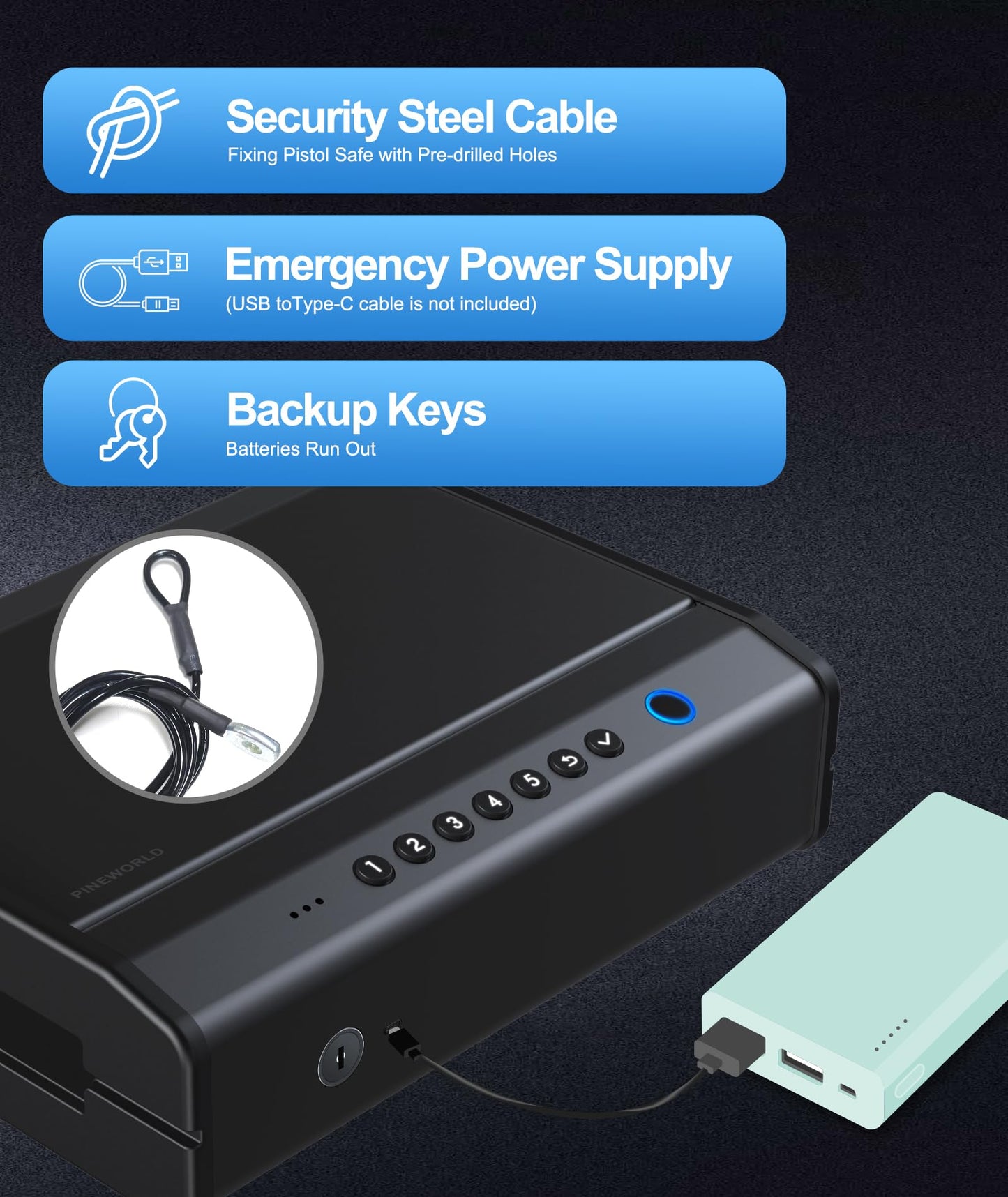 PINEWORLD Gun Safe For Handgun, Gun Case, Biometric Gun Safe For Car, Pistol Safes With Fingerprint|Passcode|Key Unlock, Full Voice Prompt Gun Lock Box with Cable, Charging Port