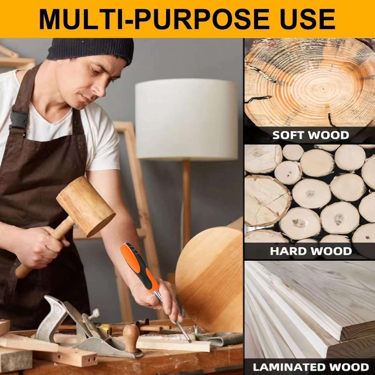 4 Piece Wood Chisel Sets Woodworking Tools Set, Wood Chisels for Woodworking with Steel Hammer End, Wood Tools Chisel Set Woodworking with Ergonomic Plastic Handle