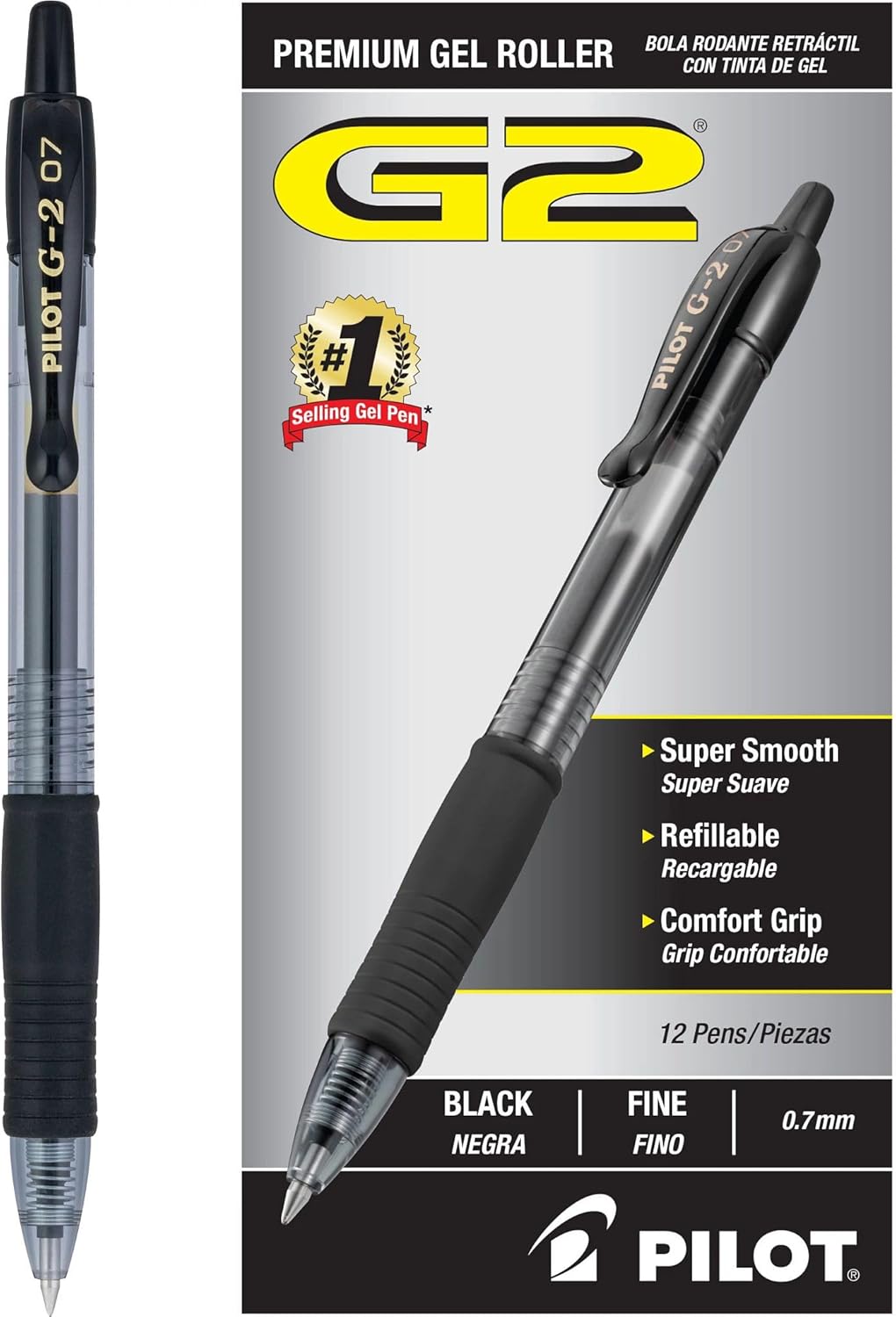 PILOT G2 Premium Gel Pens - Refillable & Retractable, Fine Point Black Ink - 12 Count Pack