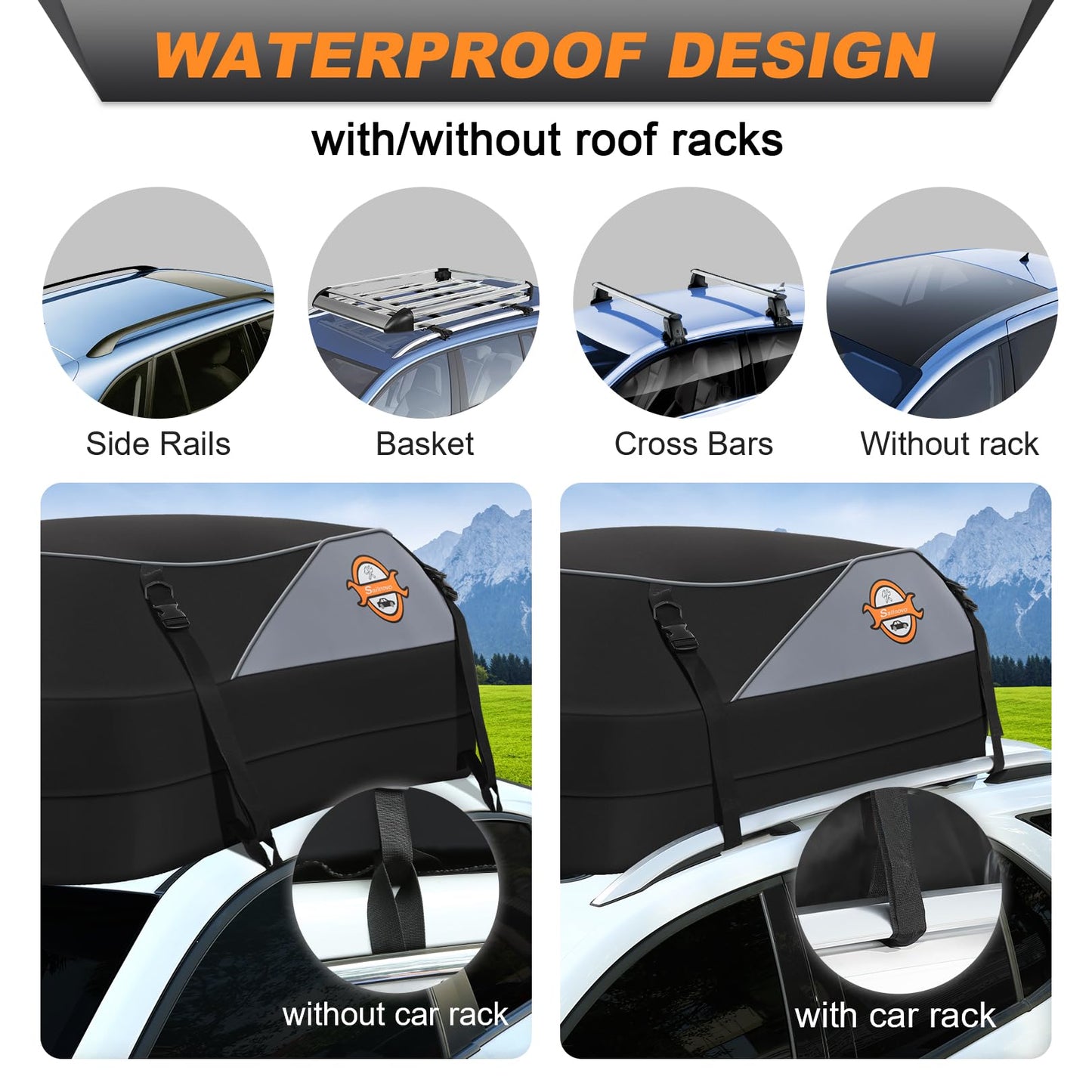 Sailnovo Rooftop Cargo Carrier 15 Cubic Car Roof Cargo Carrier Soft-Shell for Top of Vehicle, Waterproof Roof Bag Includes 4 Door Hooks + Storage Bag for Vehicles with/Without Roof Luggage Racks