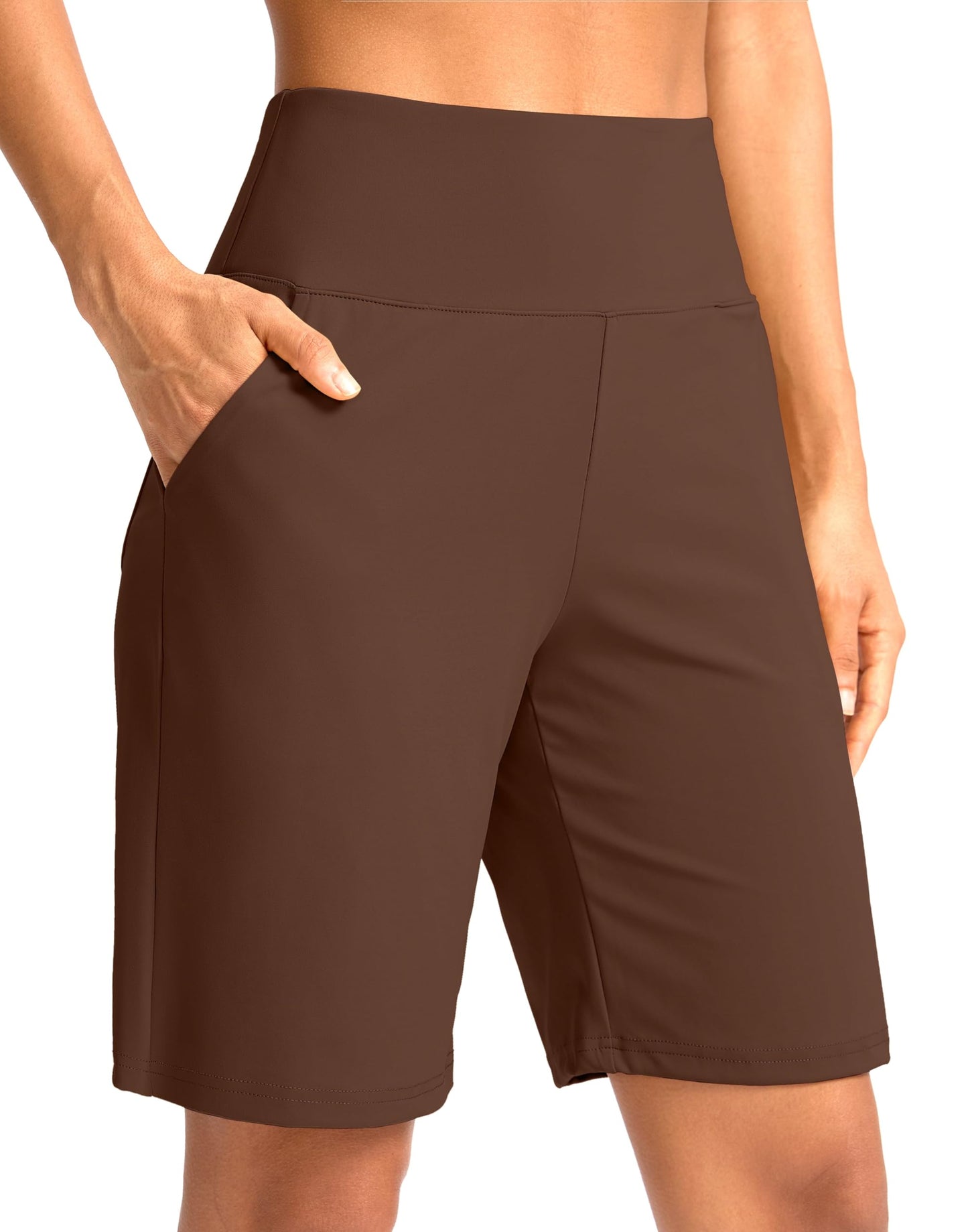 G Gradual Women's Bermuda Long Shorts with Pockets 9" High Waisted Knee Length Shorts for Women Walking Athletic Workout(Espresso,XL)