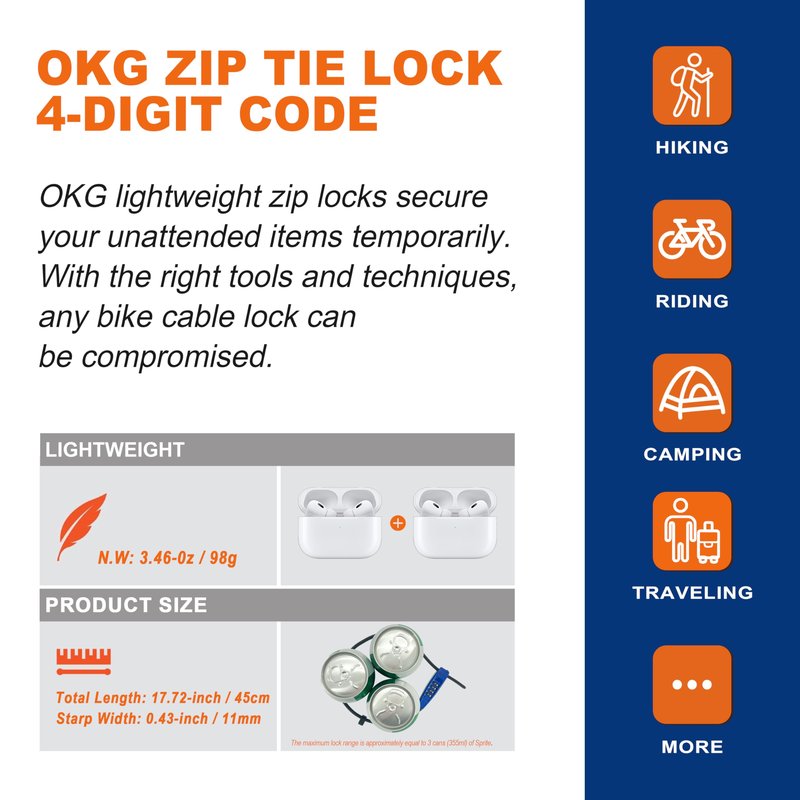 OKG 4-Digit Combination Zip Tie Lock - Anti-Scratch Stainless Steel Cable Bike Lock with Resettable Code, Secure Helmets, Skis, Prams, Bike, Cabinet, French Doors, and More (Blue)